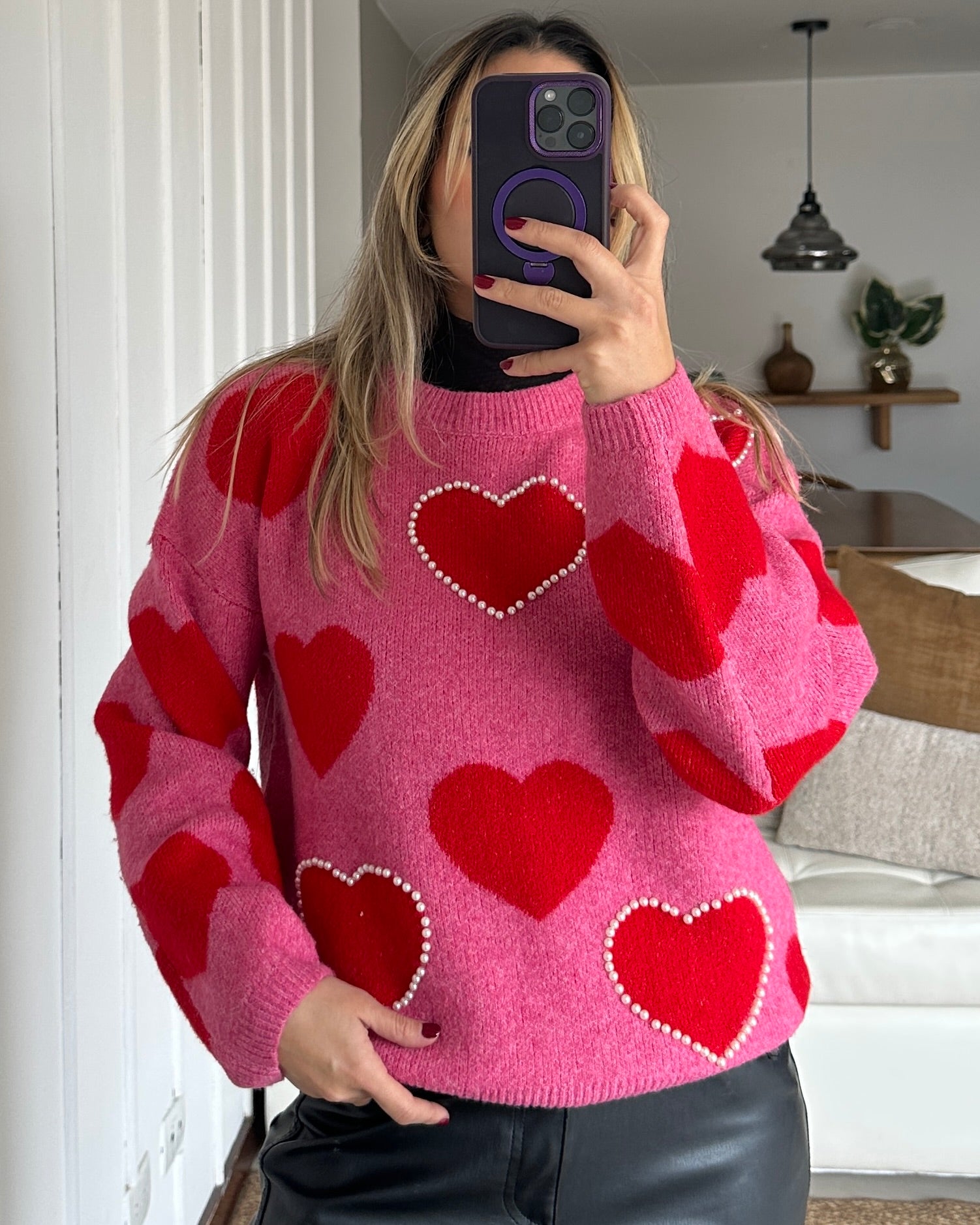 Suéter Punto Corazones y Perlas Rosa - Talla M