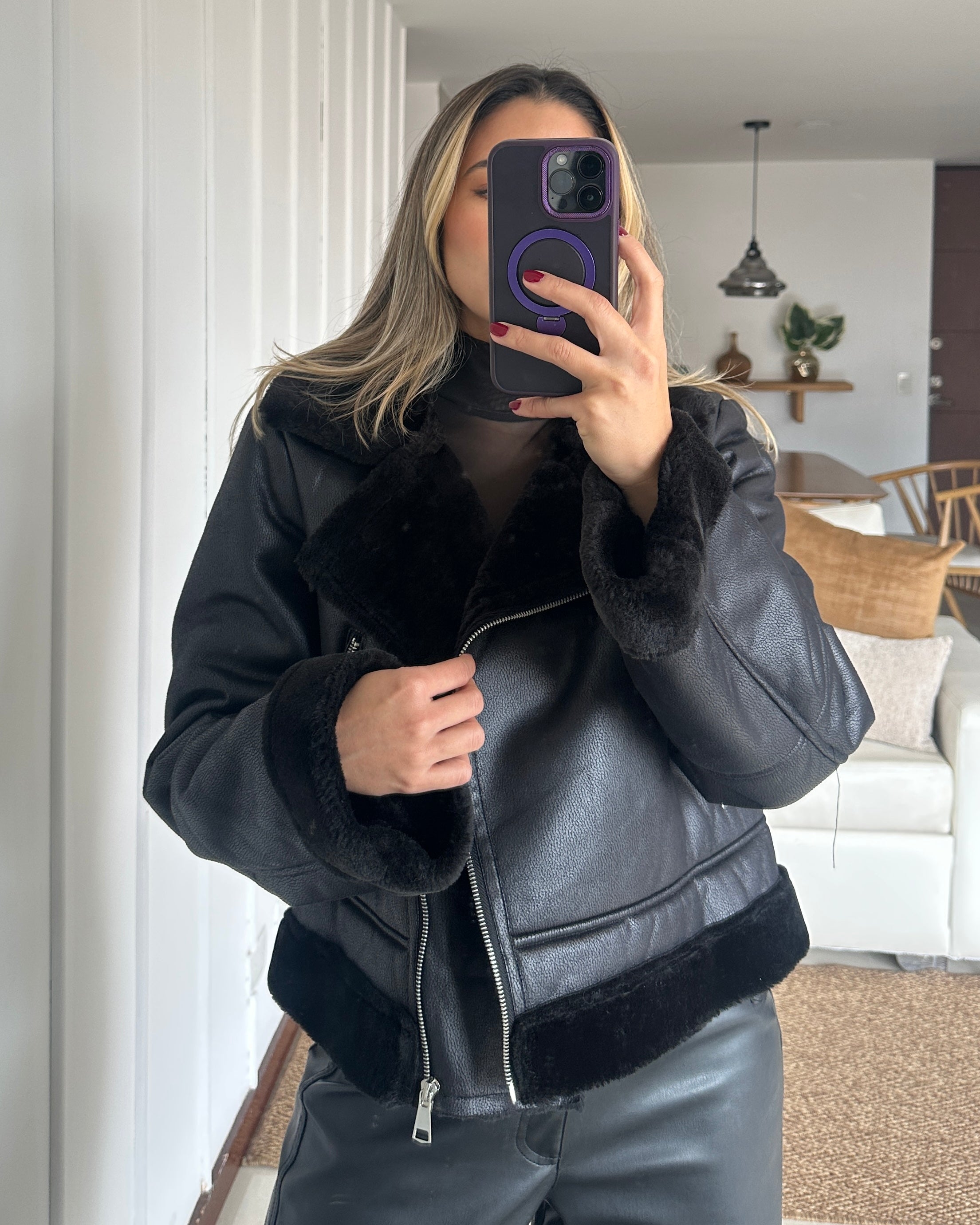 Chaqueta Aviador Piel Sintética Negra - Talla L