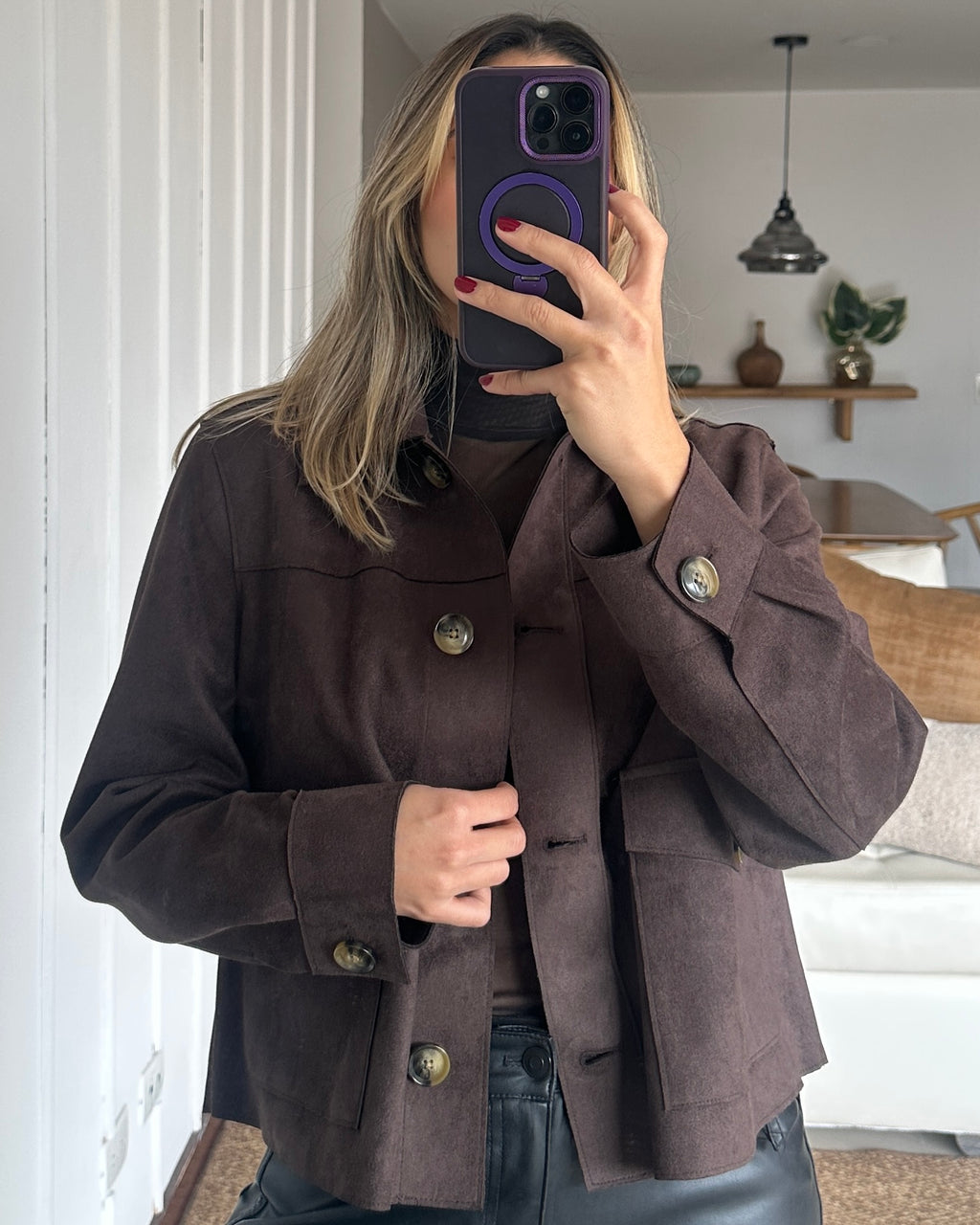 Chaqueta Gamuza Botones Café - Talla L