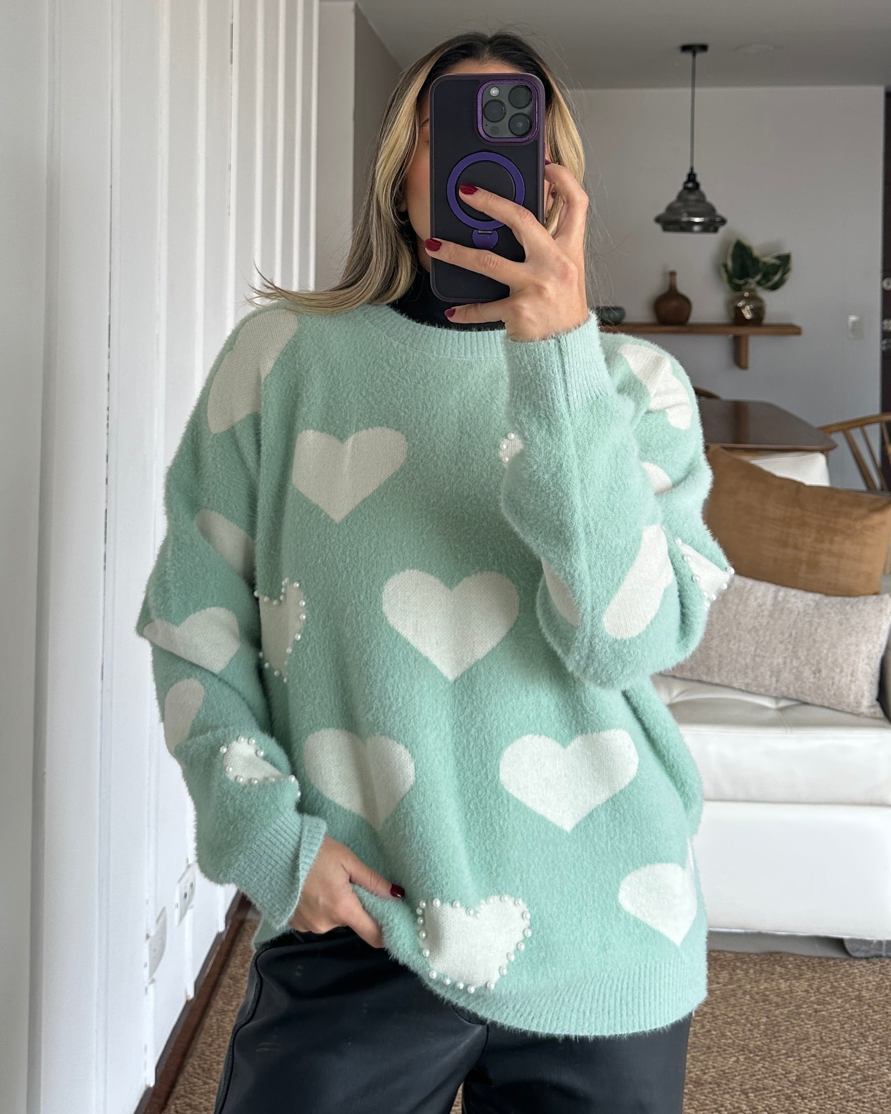 Suéter Punto Corazones Verde Menta - Talla XL