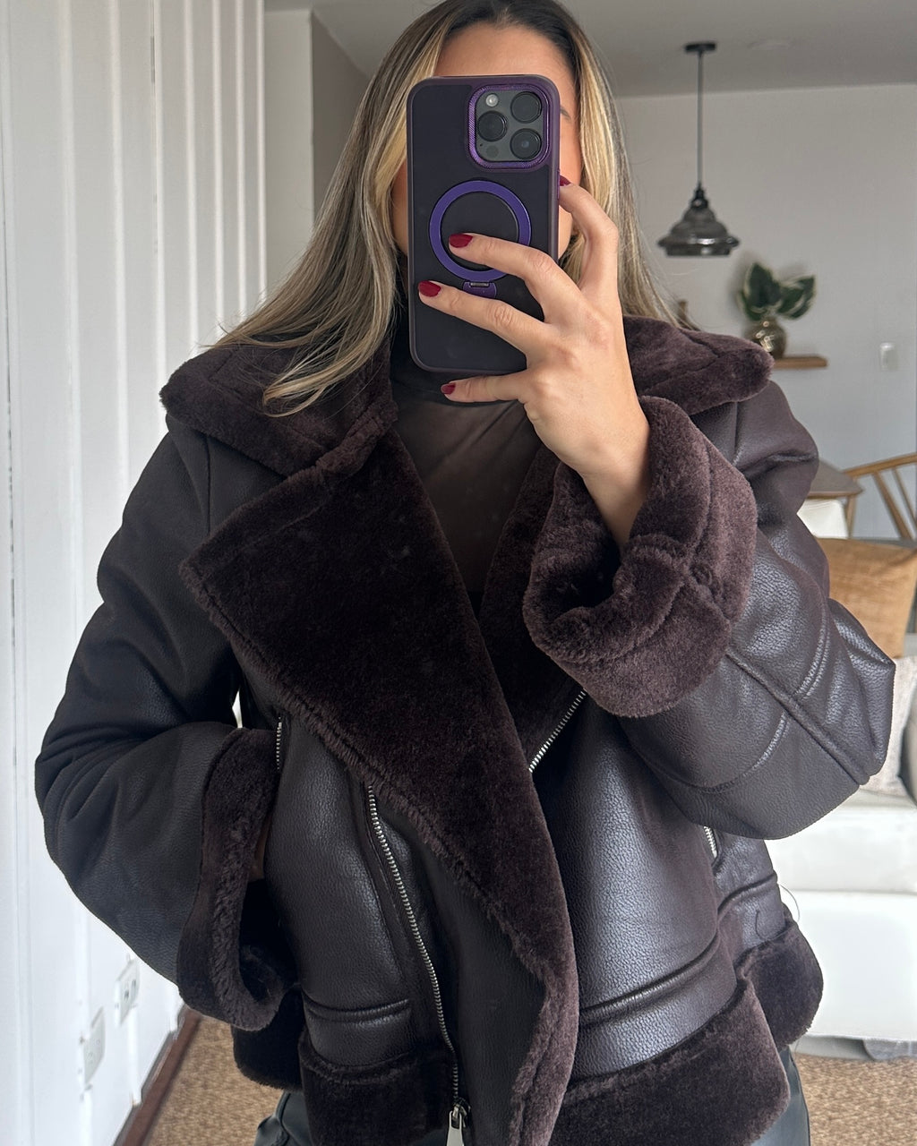 Chaqueta Aviador Piel Sintética Café - Talla L